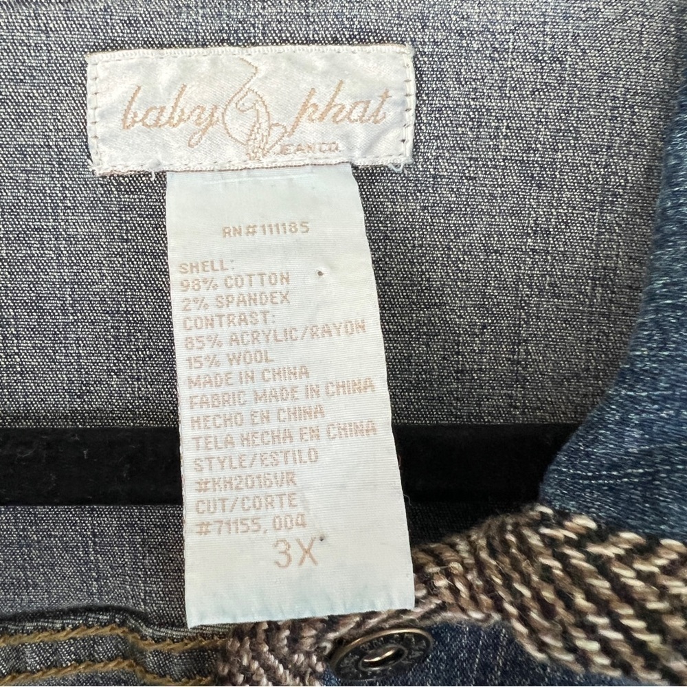 BABY PHAT Y2K Vintage Jean Jacket Tweed Trim Rhinestone Cat Bling Distressed 3X - Picture 7 of 12